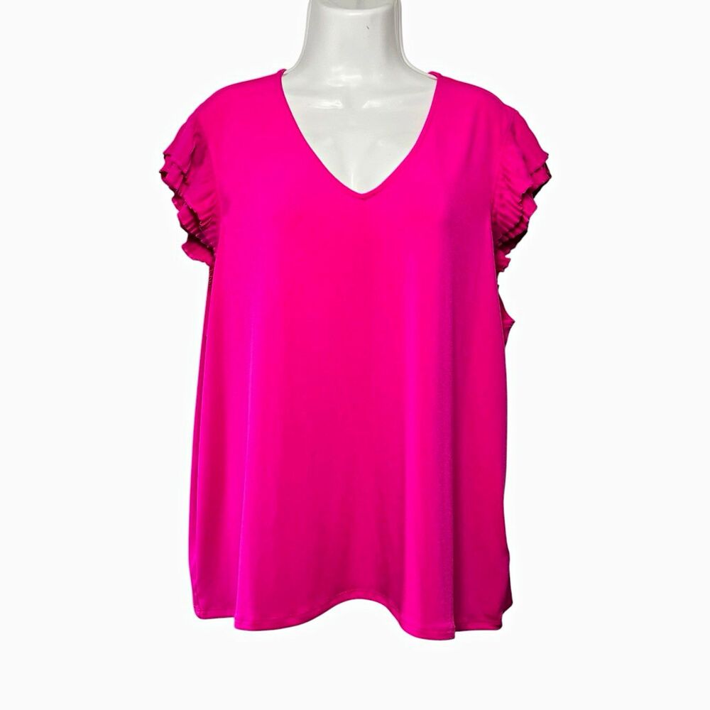Philosophy Women 2X Blouse Hot Pink V-Neck Pleated Ruffle Sleeve Top